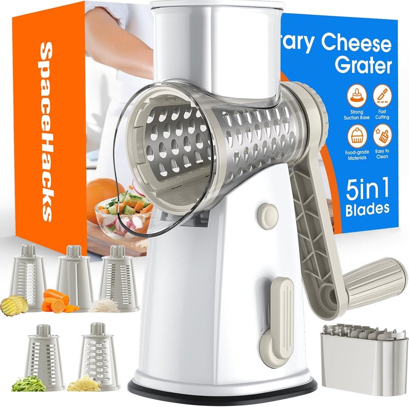 SpaceHacks Rotary Cheese Grater Hand Crank with 5 Interchangeable Blades, Vegetable Slicer Chopper for Fruit Vegetable Nuts, Mandoline Slicer for Kitchen with Blades Rack & Suction Base, White - Image 1